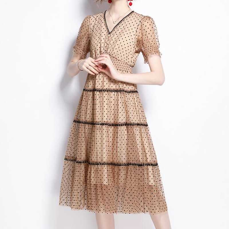 

ZAWFL Runway self portrait Lace Mesh Women's Short Sleeve Dress V-neck Hollow Out Luxurious Embroidery Dresses Vestidos 210525, Picture color