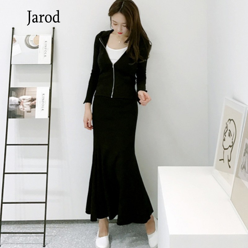 

Autumn fashion 2 Pieces set Sweatshirt Long Sleeve Hooded zipper coat & High waist Mermaid Long Skirts Female Casual Sportswear 210518, Picture color