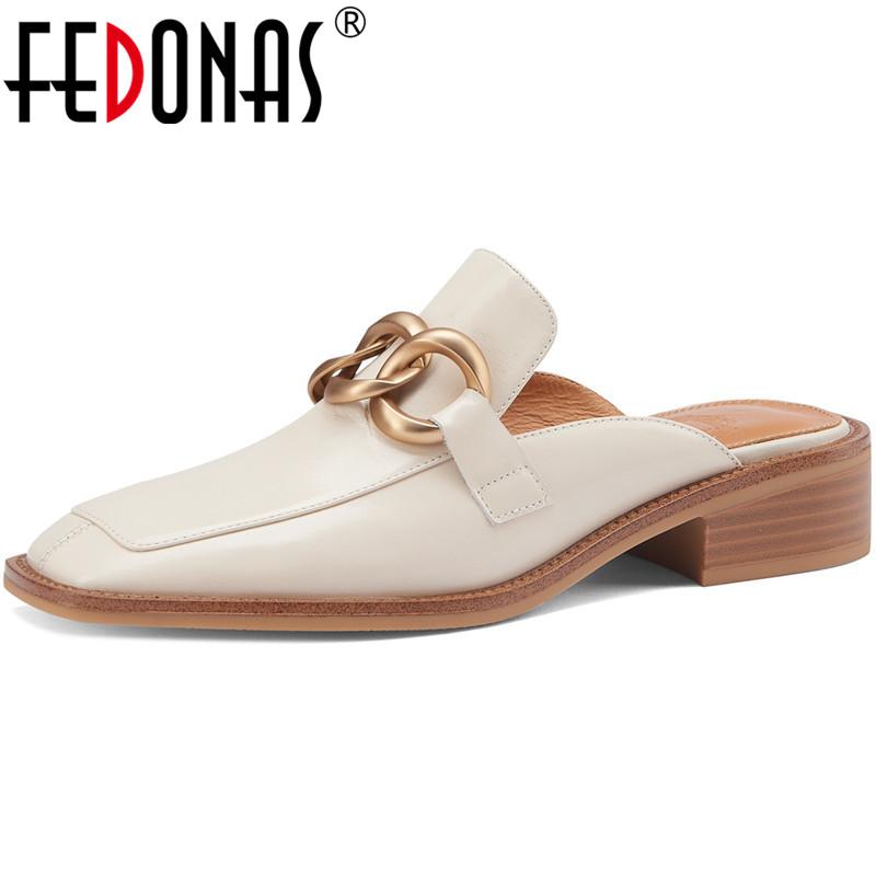 

Vintage Shoes For Women Metal Decoration Genuine Leather Thick Heels Pumps Female Basic Mules 2021 Dress, Black