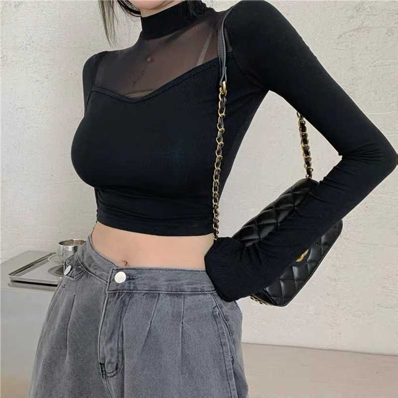

Spring and Autumn Half High Neck Long Sleeve Top Feminine European American Short T-shirt Mesh Stitching Slim 210604, Black