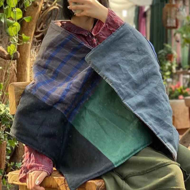 

Scarves Johnature Women Thicken Vintage Patchwork Wraps Fashion 2021 Winter Feminine Cotton Linen, Blue;gray
