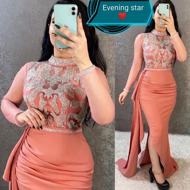 

2021 Plus Size Arabic Aso Ebi Lace Sexy Sheath Prom Dresses Sheer Neck Long Sleeves Evening Formal Party Second Reception Bridesmaid Gowns Dress ZJ393, Pink