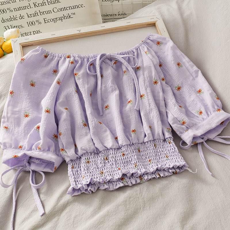 

Women Off Shoulder Blouses Floral Printed Tops Female Pleated Drawstring Crop Girls Cute Blouse For Summer 210518, White