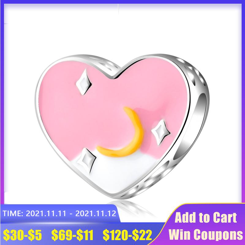 

Other Summer Pink Sky Moon Stars Charms 925 Sterling Silver Beads With Enamel Fit Original Bracelet DIY Women Jewelry
