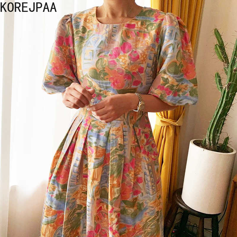 

Korejpaa Women Dress Korean Retro Elegant Round-neck Oil Painting Print Casual Bubble Sleeve Pleated Party Skirt Long Dress 210526, Picture color