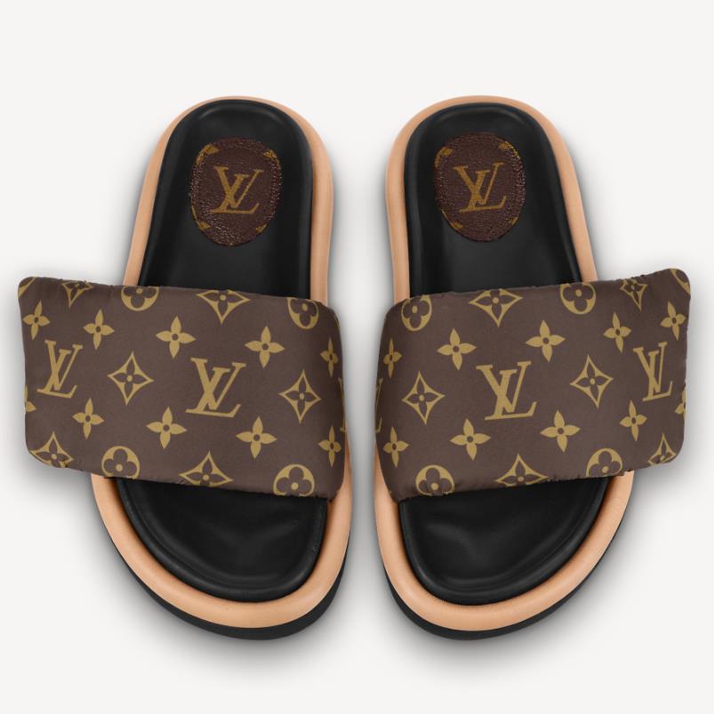 

Men Pool Pillow Slipper Down Filling Nylon Letter Flower Printed Comfort Mule Designer Women Leather Sunset Flat Slide Sandal, Black