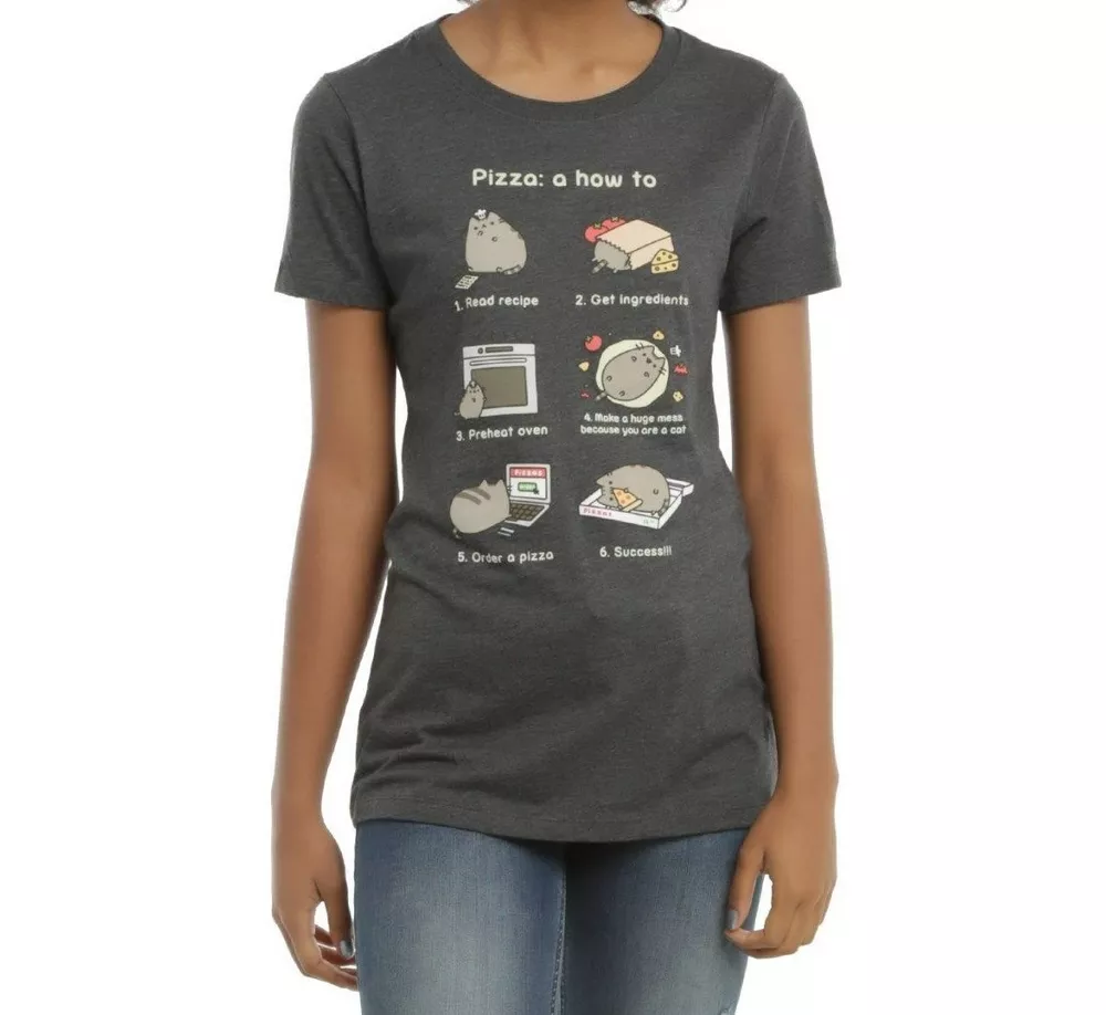 

Pusheen The Cat PIZZA INSTRUCTIONS Girls Junior T-Shirt NWT Licensed & Official, White;black