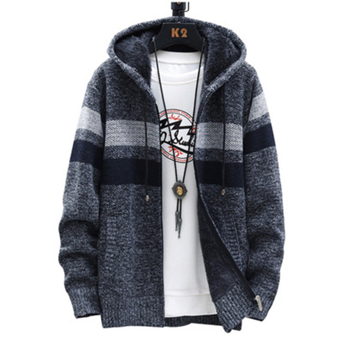 

5 Colors Mens Sweaters Winter Cardigan Sweater Coats Thick Hooded Men Striped Clothes Plus Velvet