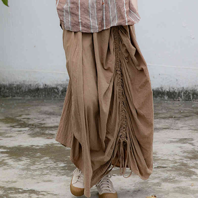 

Johnature Women Khaki Vintage Skirts Elastic Waist Drawstring Patchwork Spring Linen Original Female Loose Skirts 210521