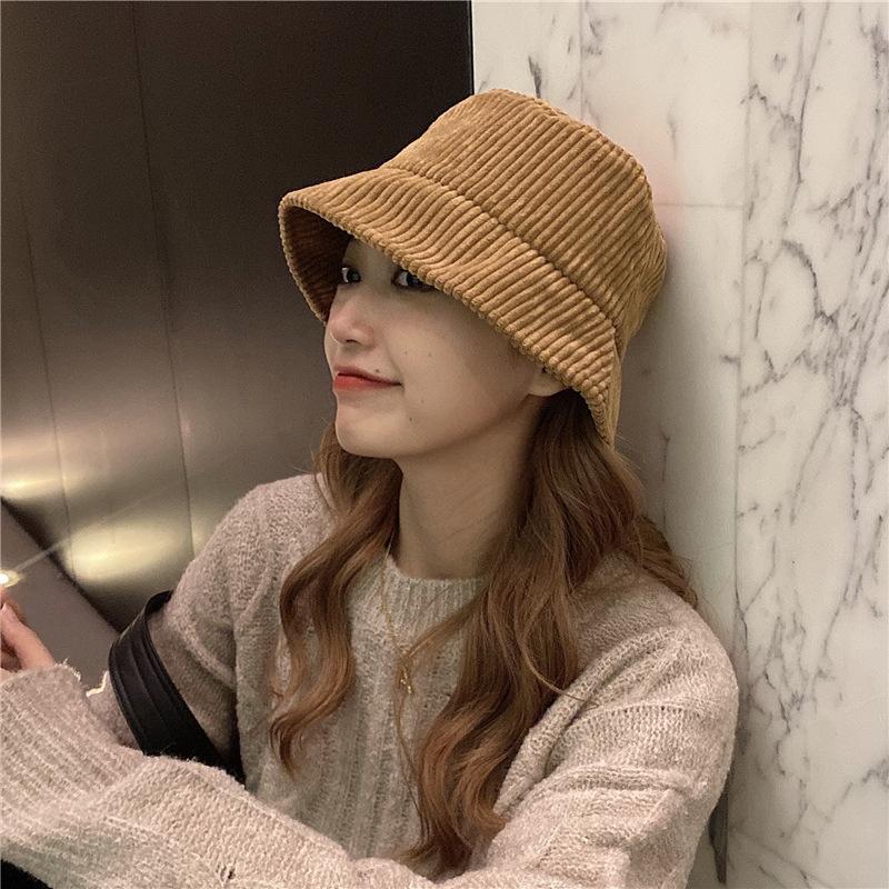 

Berets Foux Bucket Hat Women Autumn Winter Spring Corduroy Pure Color Retro Adjustable Rope Korea Japanese British Style Fashion, Black