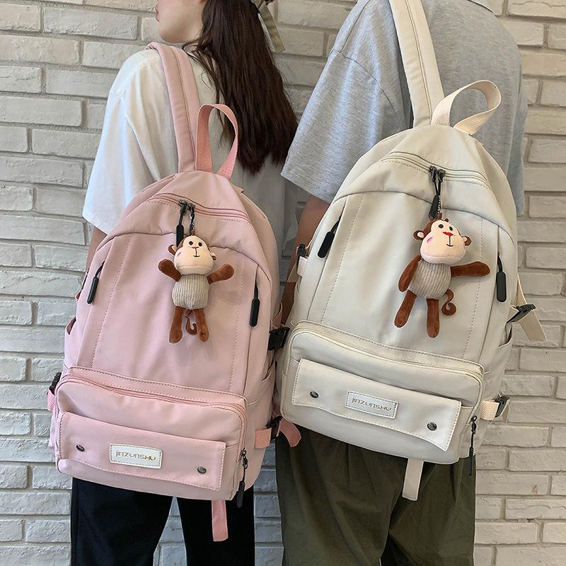 

Backpack Cute Monkey Pendant Solid Canvas Women Bag Pack Anti-theft Shoulder Large Capacity School For Teenager Girl, Black