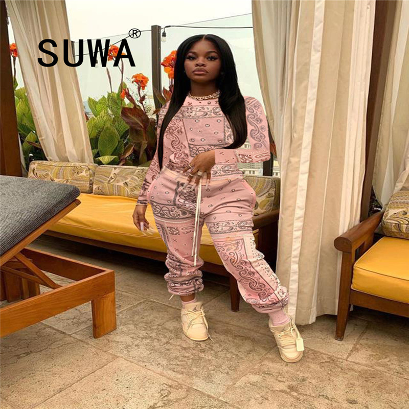 

Women Printed Tracksuits Hip Hop High Street Suits Long Sleeve Sweatshirt and Casual Pants Set Classic Fashion Fall Clothes 210525, Pink