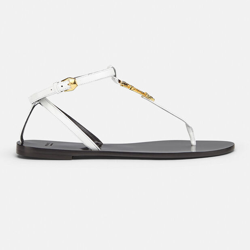 

Sandals leather slides gold button V women's slippers flat strap Beach summer shoes, Black