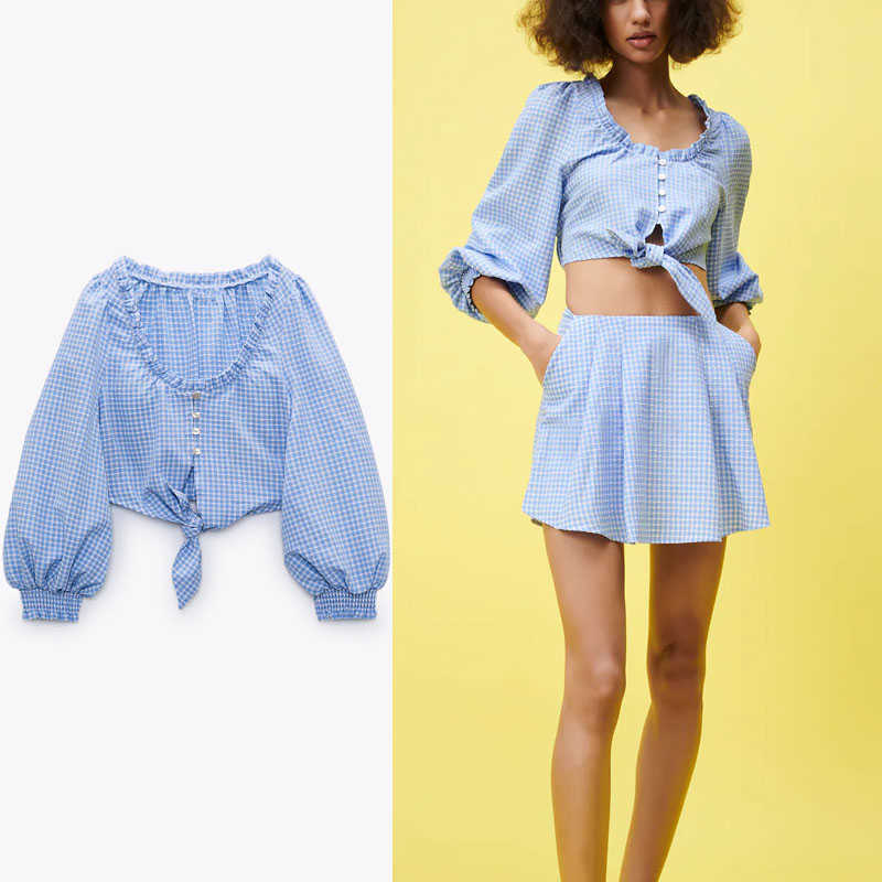 

Za Blue Plaid Cropped Summer Blouse Women Long Puff Sleeve Ruffle Vintage Shirt Feminine Chic Button Up Knot Gingham Top 210602