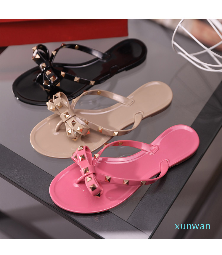 

NEW BRAND WOmen Summer Fashion Beach shoes,Flip-flops jelly Casual sandals,flat bottomed slippers,bowknot,Rivets, Beach Shoes, Black