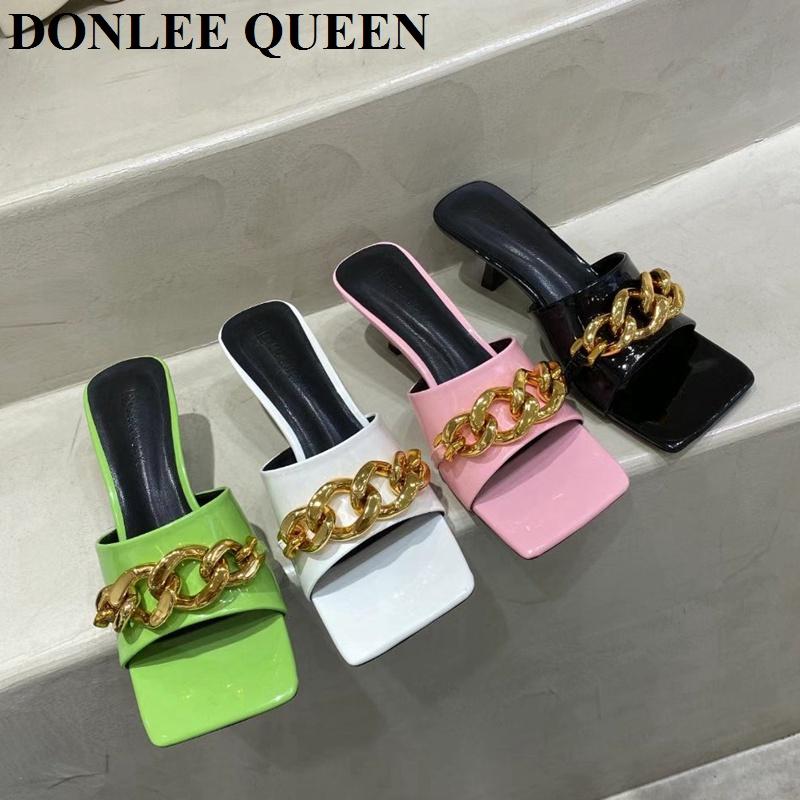 

Slippers Brand Designer Metal Chain Women Thin Med Heels Fashion Square Toe Slides Outdoor Flip Flops Sandals Summer Shoes Mujer, Black