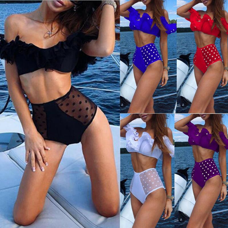 

One-Piece Suits Summer Sexy Women Bikini Set Floral Solid Color Swimsuit Swimwear Female Ruffle Off Shoulder Bathing Suit Beachwear