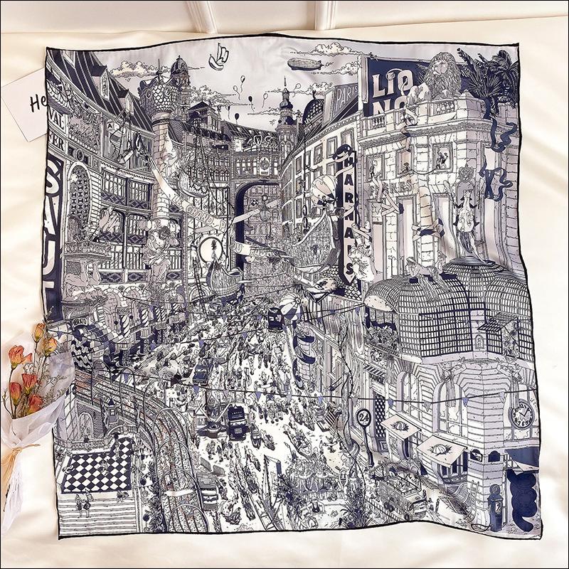 

Paris Street Silk Scarf Hand Rolled Edges Satin 90x90 Designer Square Scarfs Foulard Femme Scarves