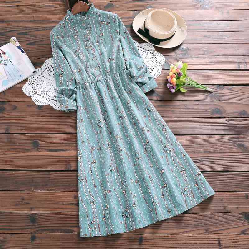 

Banulin Lady Slim Vintage Dress Autumn Winter Women Stand Collar Long Sleeve Bird Floral Print Corduroy Midi Dresses S-XXL 210603, Pink