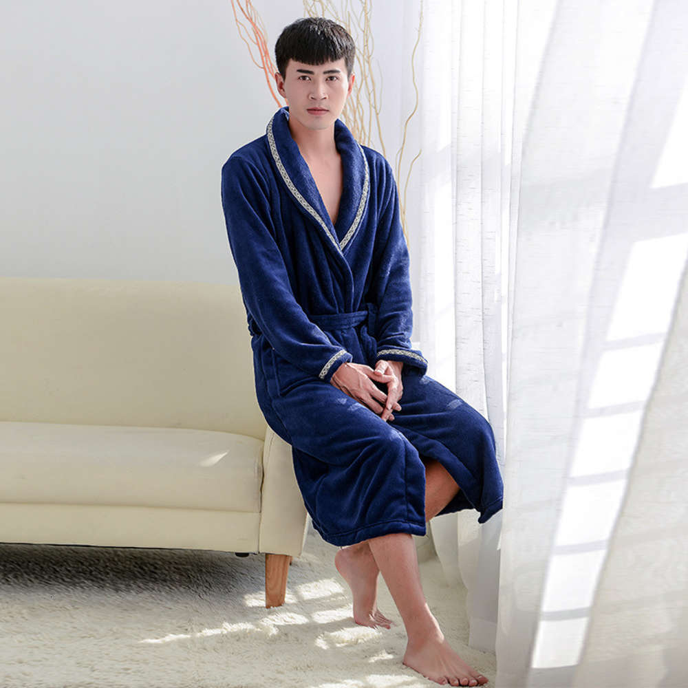 

Autumn and winter navy blue flannel bathrobe thickened Nightgown Korean fashion medium length cardigan home wear