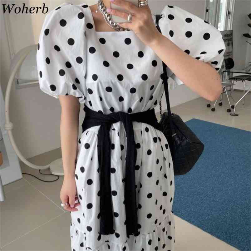 

Polka Dot Dress Women Summer Robe Square Collar High Waist Slim Dresses Korean Vintage Loose Temperament Vestidos 210519, Black