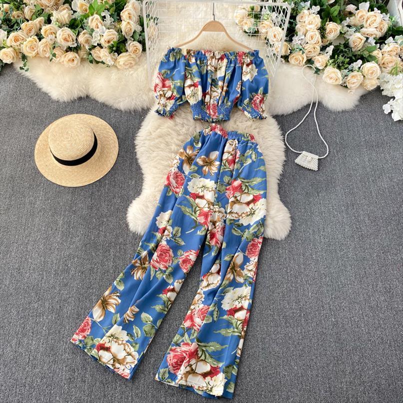 

spring holiday style printed two womens tracksuits piece suit slash neck collar women short high waist wide leg pants, Gray