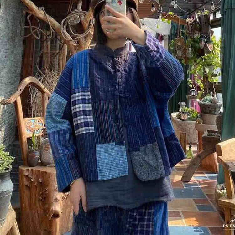 

Johnature Chinese Style Cotton Linen Jackets For Women O-Nekc Long Sleeve Vintage Patchwork Color Spring Female Jackets 210521, Blue