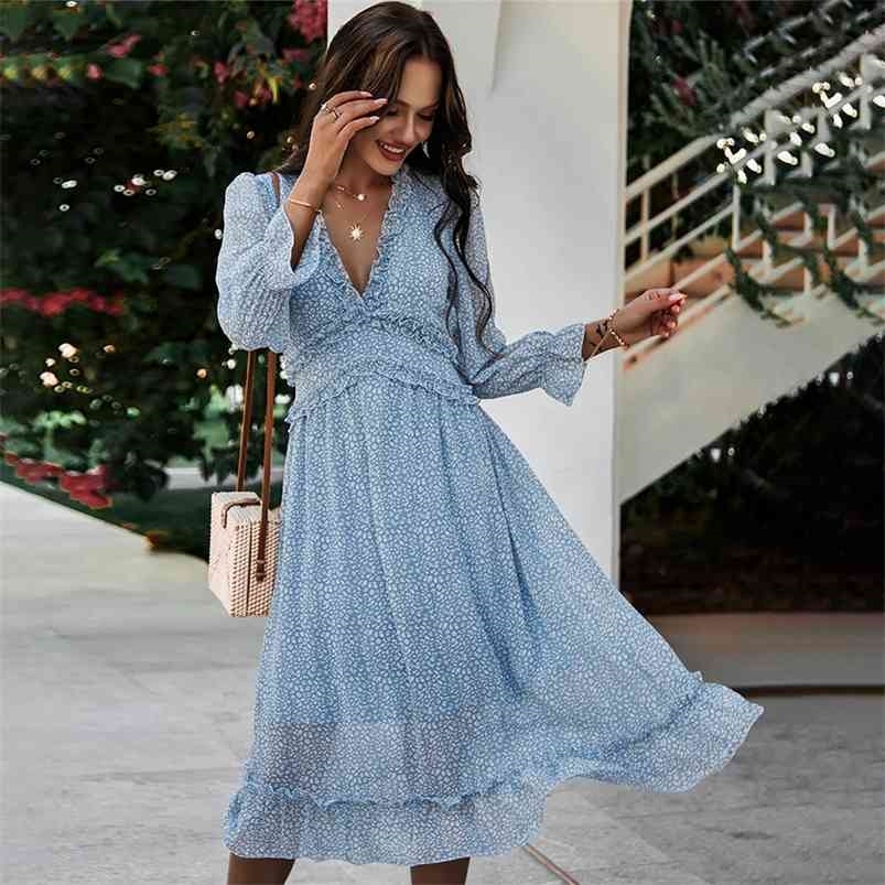 

Boho Summer Dress Ruffles Print V Neck Chiffon Midi Women Wrist Flare Sleeve Empire Holiday Beach es For 210701, Blue