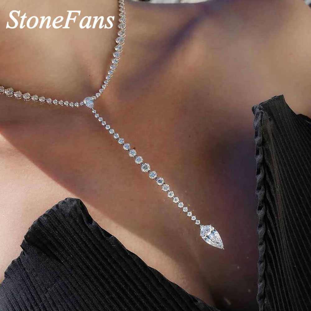 

Stonefans Transparent Water Drop Cubic Zirconia Necklace for Women Big Crystal Y Shaped Necklace Choker Long Pendant Jewelry X0707