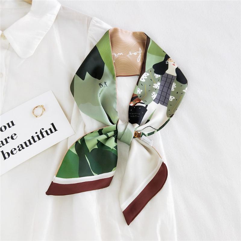 

Scarves Design Cartoon Character Print Woman Silk Scarf Brand Bag Ribbons Fashion Head Small Long Headband SJ304, Blue;gray