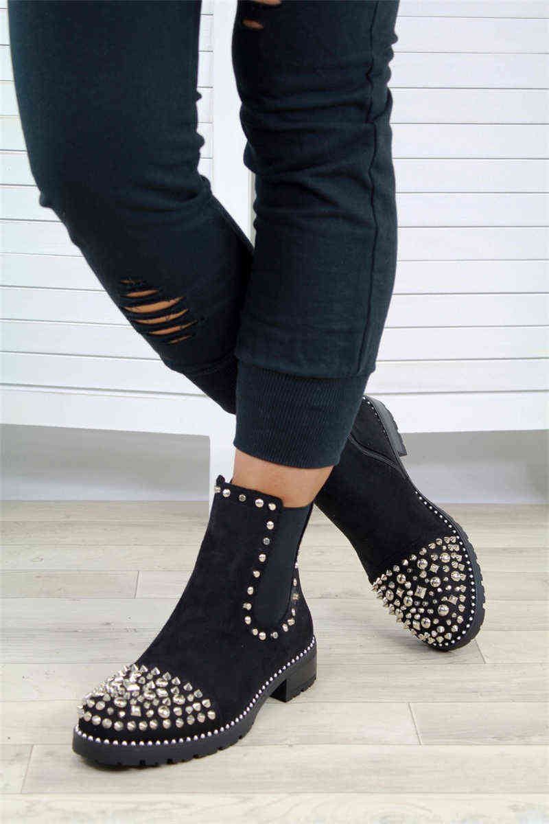 

2021 Winter Punk Rivet Boots Women Round Head Toe Leather Booties Studded Thick Low Heels Chelsea Ankle Y1210, Black