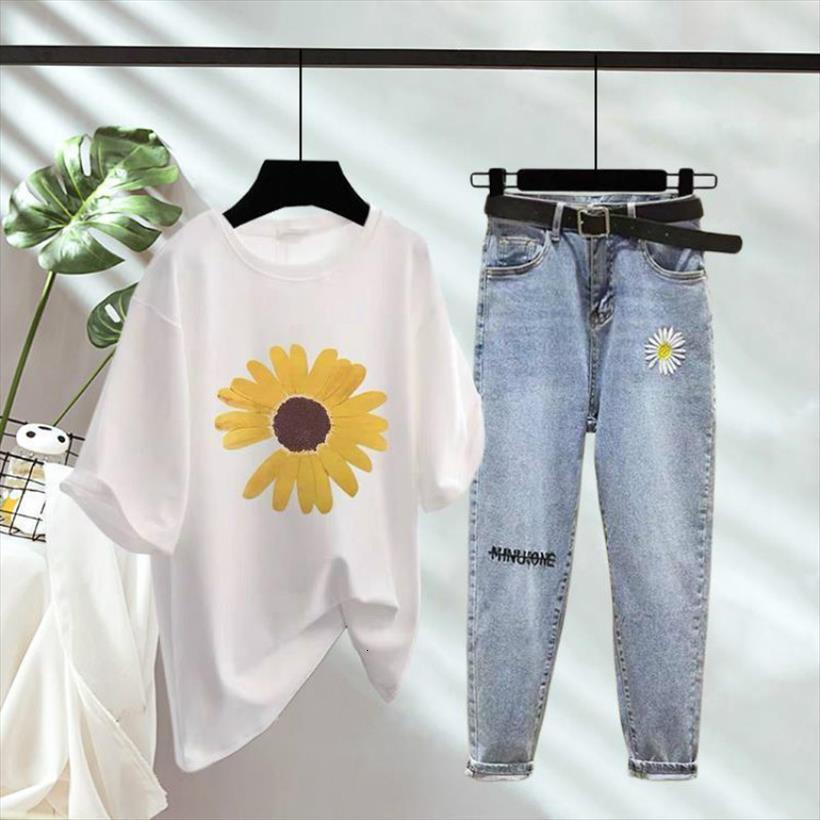 

summer 2 pieces jeans suits womens pants white small daisies cotton t shirts calf length denim sets komplety damskie f08