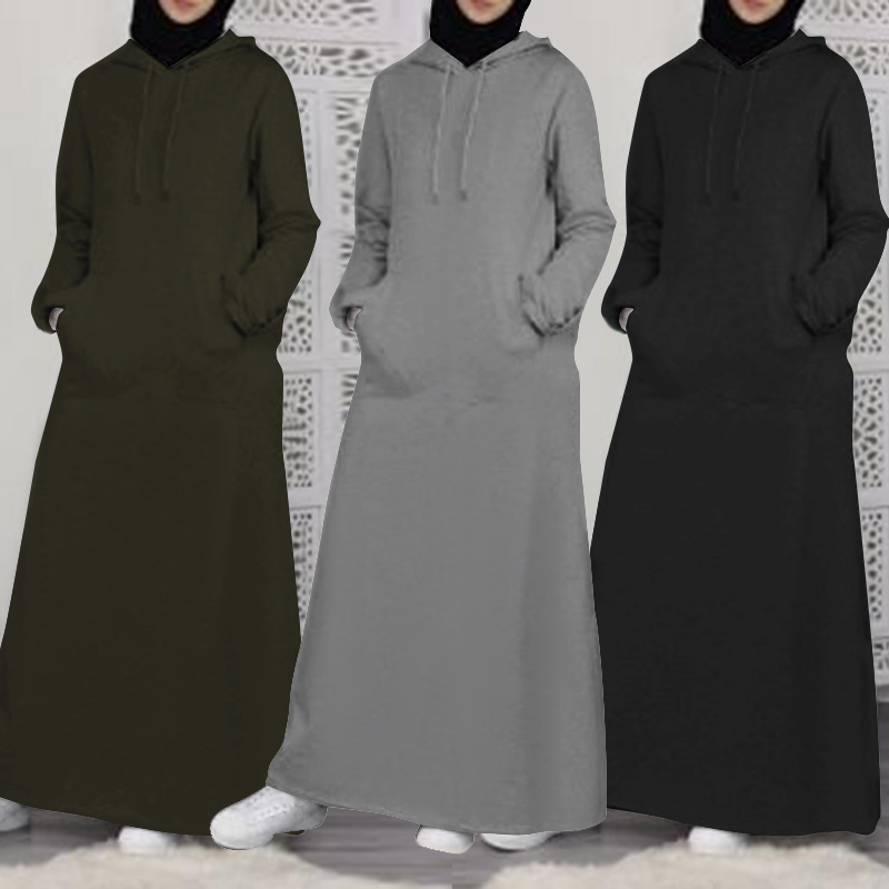 

2021 Autumn Sweatshirt Dress ZANZEA Vintage Hoodies Maxi Long Dress Women Long Sleeve Hooded Kaftan Muslim Vestido Robe Femme, Black