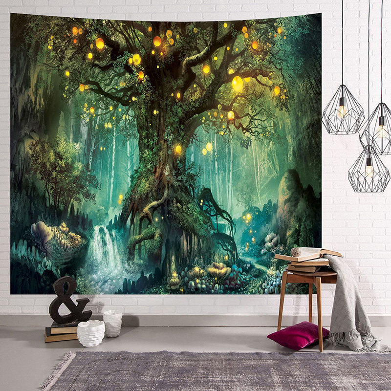 

Forest Fairy Tales Tapestry Fantasy Wishing Trees Room Wall Hanging Decor 3D Magical Tree of Life Mystical Shining Lanterns Tapestries