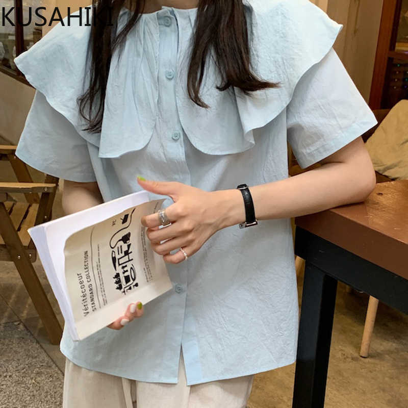 

KUSAHIKI Ruffle Turn-down Collar Womens Tops Causal Short Sleeve Summer Shirts Fashion Korean Blouse Mujer 6J624 210602, Blue