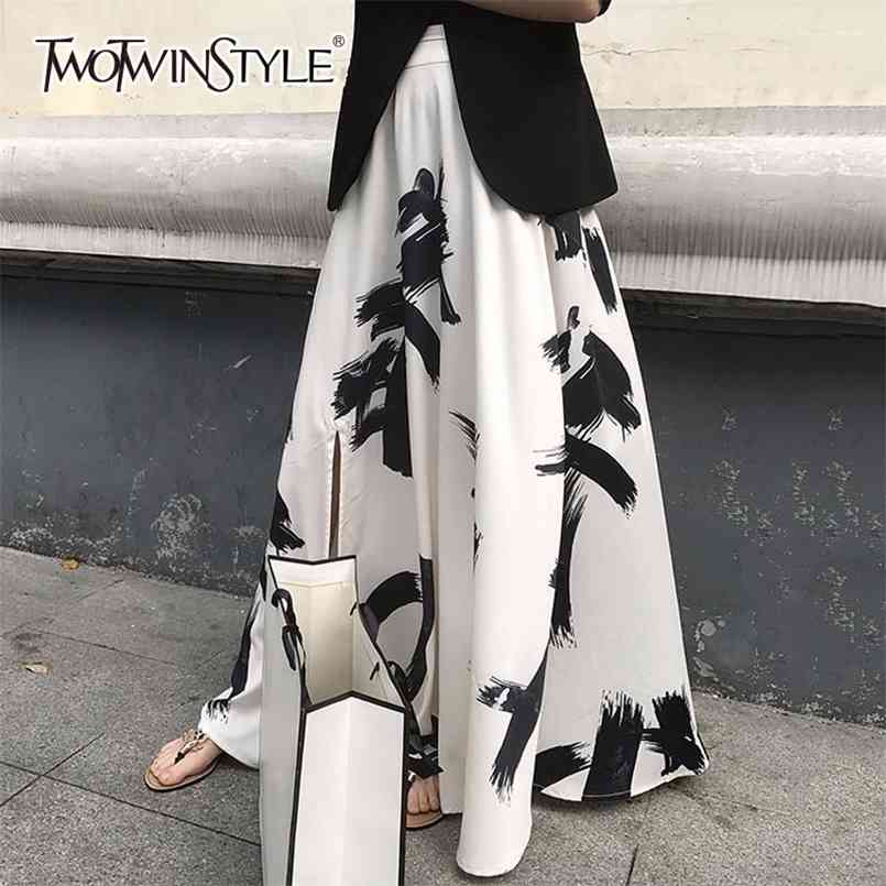 

Print Split Skirt Ladies High Waist Elastic Large Size X Long Elegant Skirts Female Spring Summer Clothes 210521, As picture