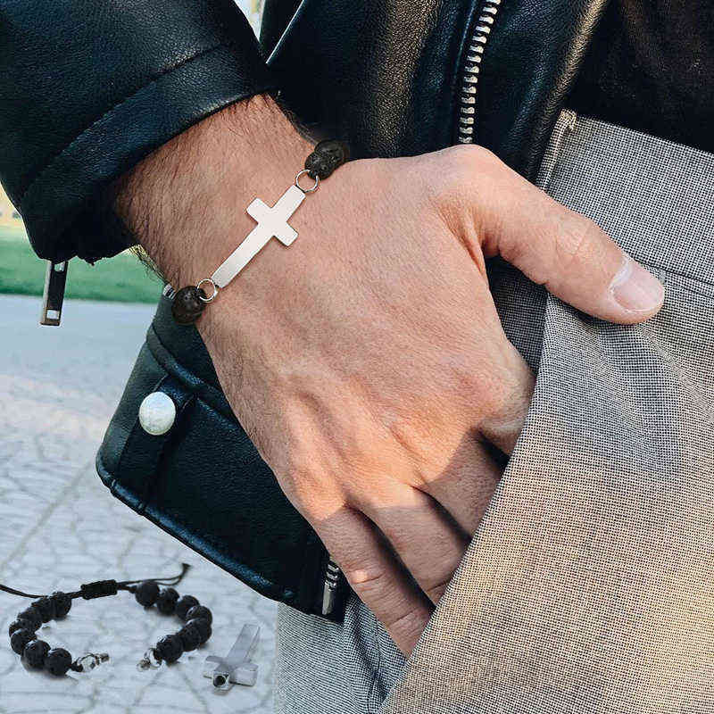 

Man Bracelet, Cross Urn Lava Bracelets, Ashes Beaded Bracelet. Cremation Memorial Jewelry