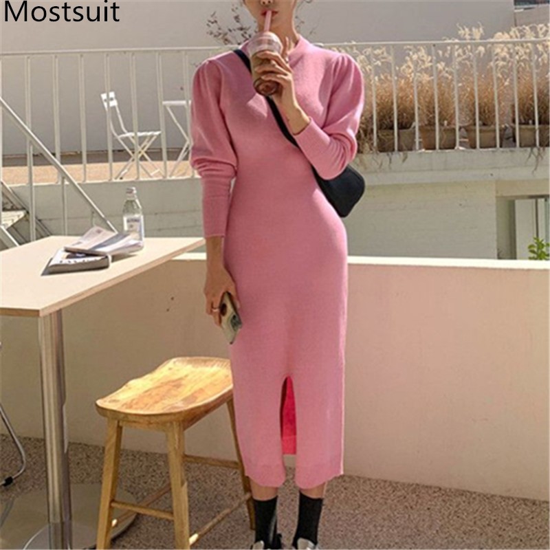 

Korean Solid O-neck Knitted Women Long Dress Spring Autumn Full Sleeve Slim Splitting Basic Fashion Vestidos Dresses Femme 210518, Pink