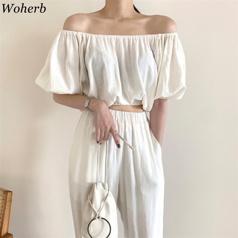 

Korean Chic Outfits Summer 2 Pieces Set Off Shoulder Crop Top + Wide Leg High Waist Pants Ladies Casual Solid Suits 210519, Black