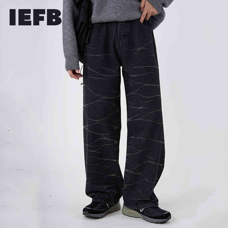 

IEFB Korean Streetwear Fashion Strght Pants For Male Ins Loose Jeans Men's Casual Couple Vintage Print Denim Trousers 210524, Black