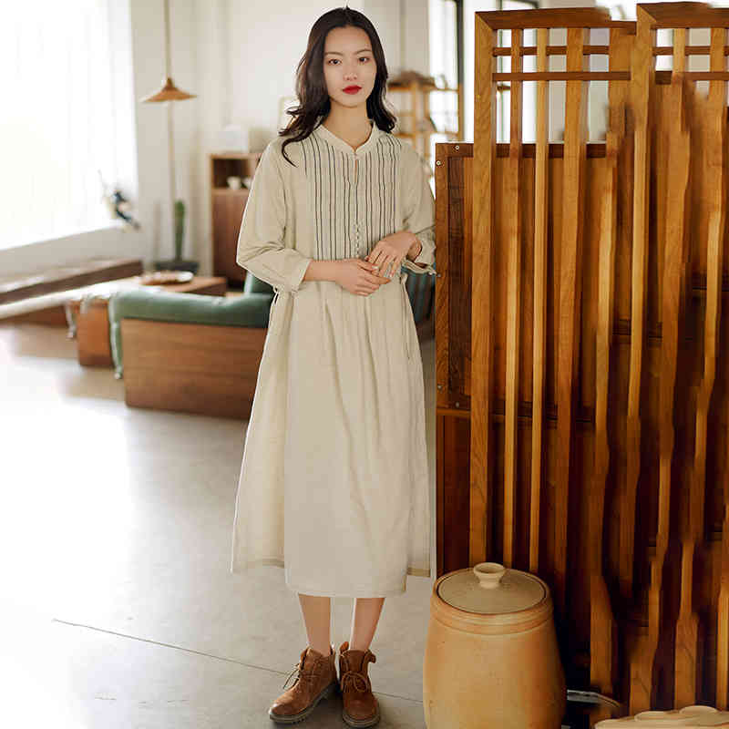 

Johnature Women Vintage Shirt Dresses Patchwork Stand Cotton Linen Robes Spring Belt Women Clothes Striped Dresses 210521
