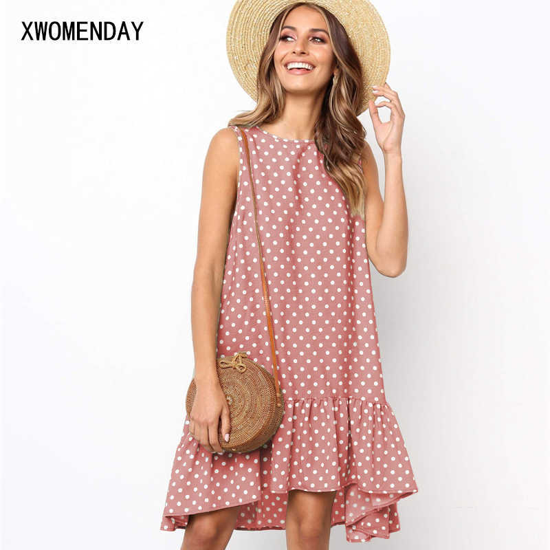 

Polka Dot Women Dress Summer Sleeveless Casual A Line Loose Plus Size Dresses Beach Short Mini Sundress Yellow Black Ruffle 210608, Coffee