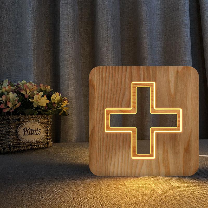 

Night Lights Cross Solid Wood Decoration 3D Led Wooden Lamp USB Creative Bedside Baby Sleep Table Lamps Warm White Light