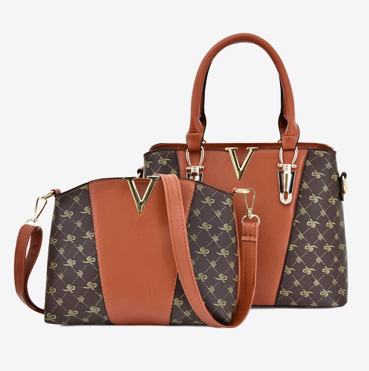 

Factory wholesale women bag elegant large-capacity printed two-piece womens handbag multifunctional leather shoulder bags Joker contrast simple Tote handbags, Brown