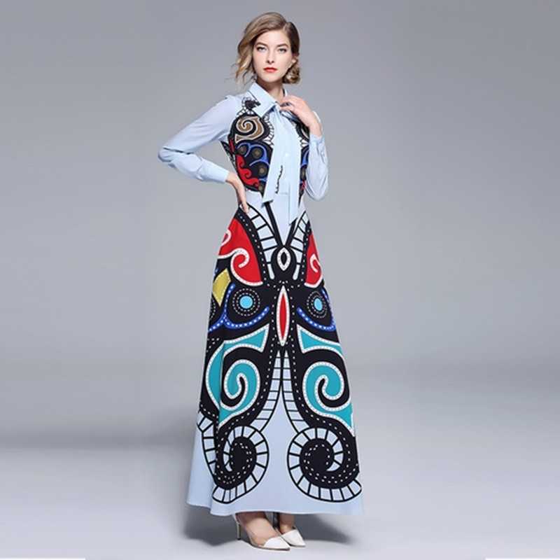 

Spring Summer Runway Dress Vestidos Mexican Women Elegant Long Sleeve Vintage Geometric Print Belt Pleated Maxi 210525, Picture color