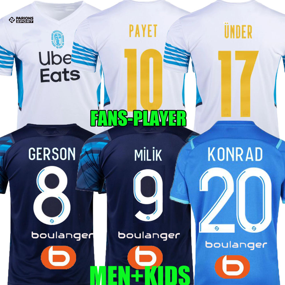 

21 22 maillots Marseille Soccer jerseys 2021 2022 GERSON Ünder milik maillot de foot PAYET KONRAD GUENDOUZI KAMARA MEN KIDS football shirt home fans player version, Away +sponsor1