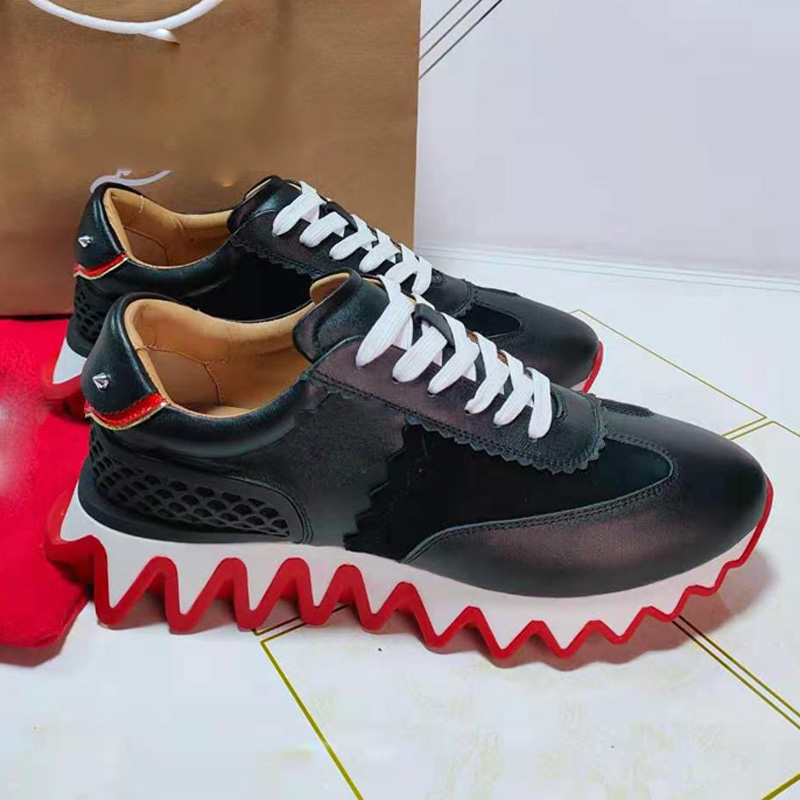 

Sports shoes men's luxury designers low top casual leather lace up anti slip nail red bottom, Black