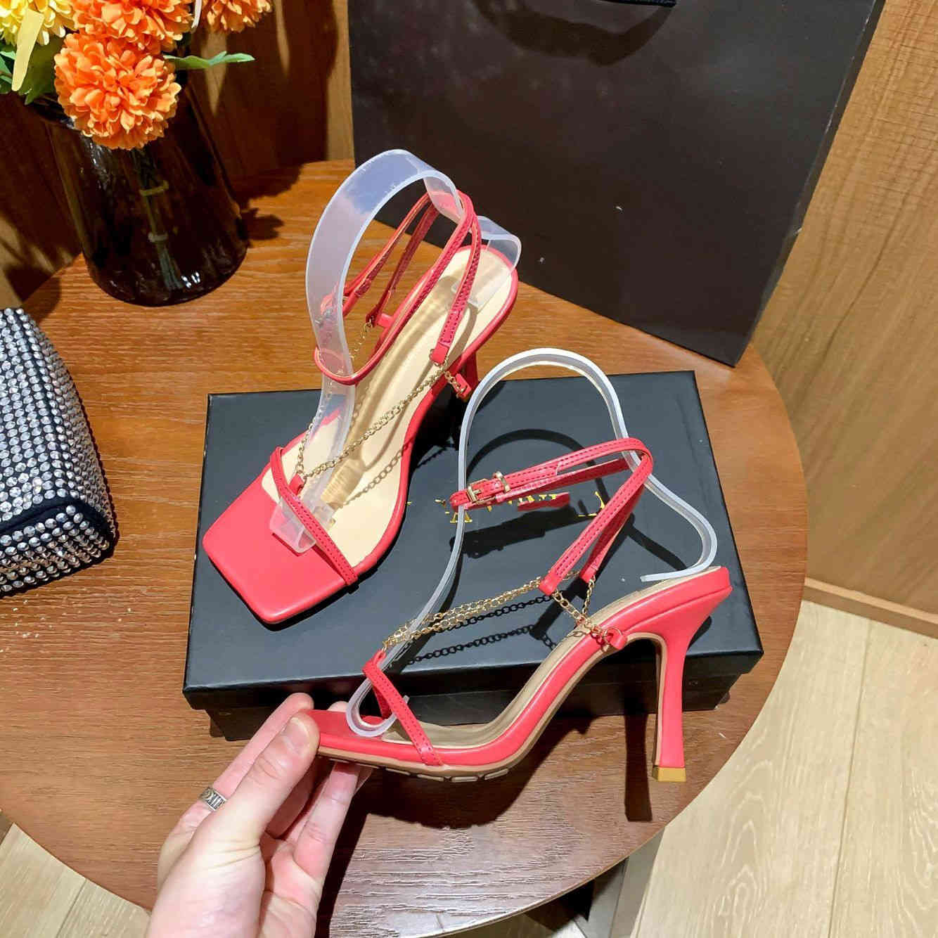 

Sandals primavera e verão novo salto alto corrente feminina cabeça quadrada uma linha fivela roman dedo do pé aberto sandálias de fino B6U1, 1# shoe box