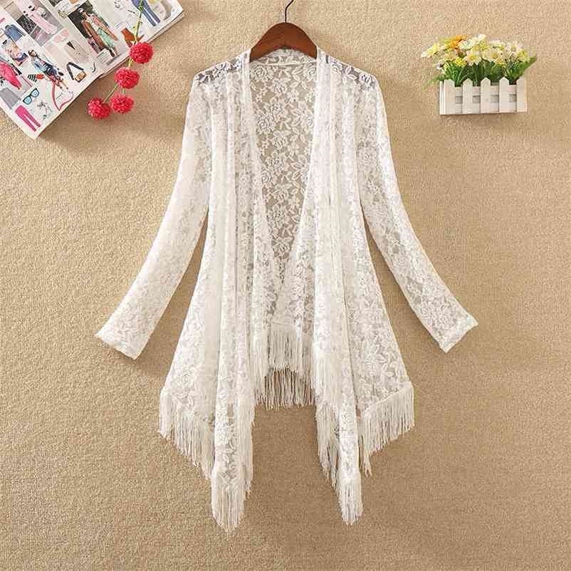 

Summer Irregular Hem Lace Jacket Women Casual Medium Long Tassels Outerwear Thin Plus Size Cardigan Coats Clothing 210602