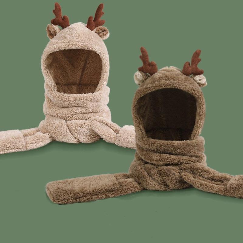 

Beanies Casual Cute Antler Plush Warm Women Caps Bear Ear Hat Scarf Set
